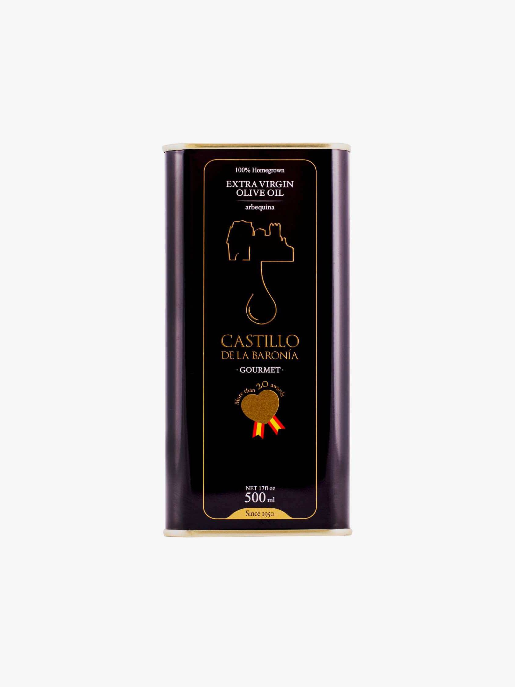 500 ml Aceite De Oliva Virgen Extra 100% Arbequina Castillo De La Baronía – Lata INOX de acabado premium. Producto cardiosaludable. Más de 20 premios.