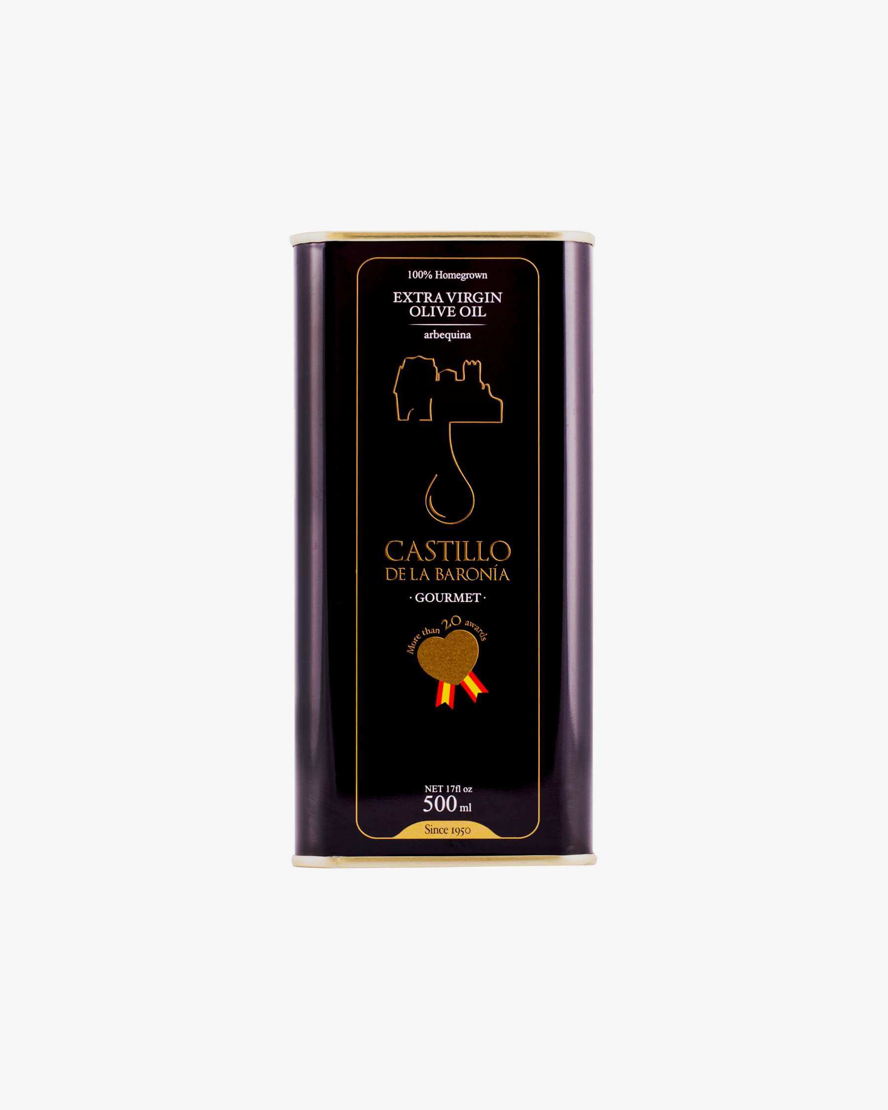 500 ml Aceite De Oliva Virgen Extra 100% Arbequina Castillo De La Baronía – Lata INOX de acabado premium. Producto cardiosaludable. Más de 20 premios.