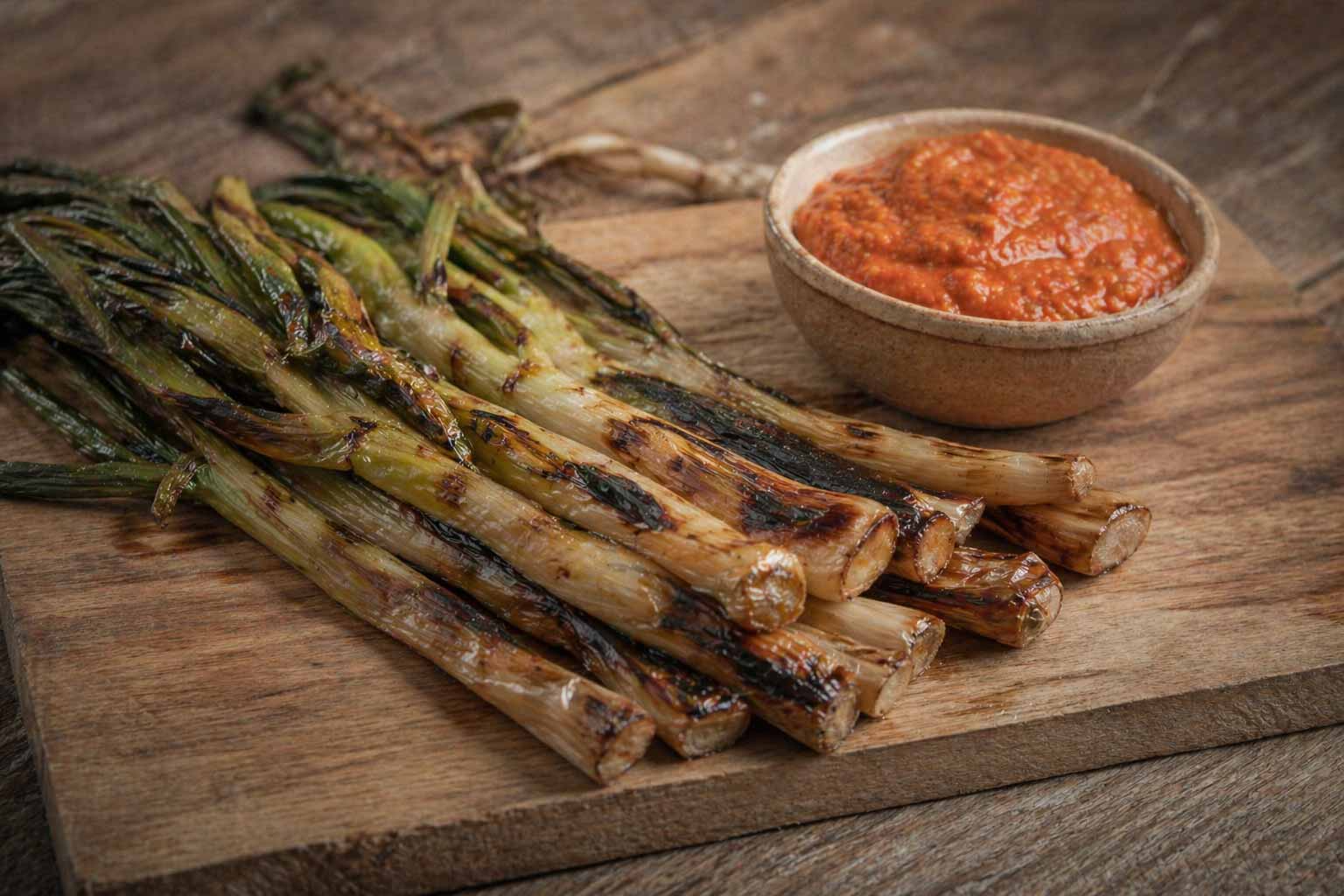 Calçots acabats de rostir a la flama, servits amb generosa salsa romesco casolana i un raig d’oli d’oliva verge extra Escornalbou que potencia l’aroma fumat i el sabor dolç característic d’aquest plat típic de temporada al cor de Riudecanyes