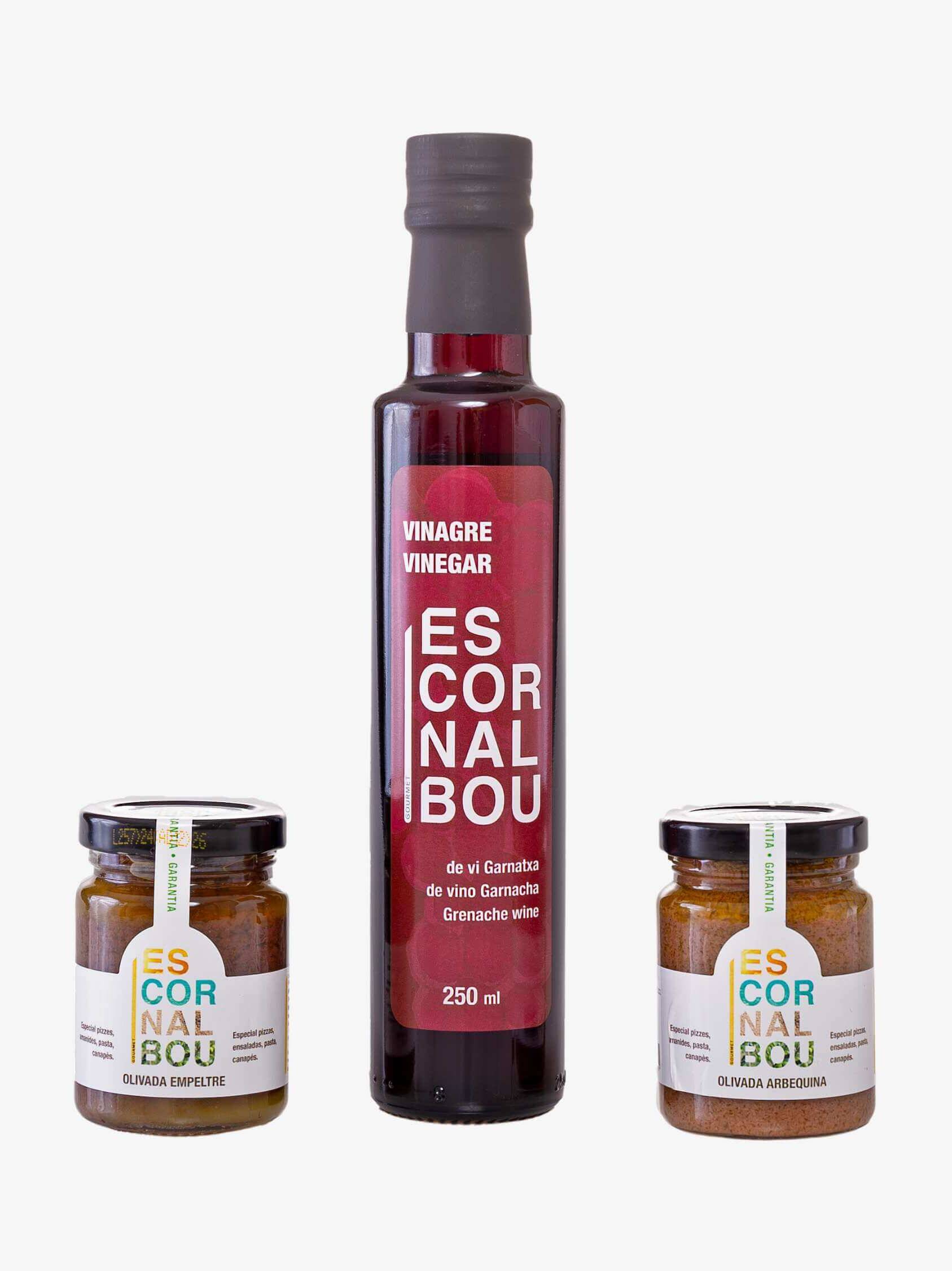 Comprar PACK de vinagre de vi garnatxa, olivada d' arbequina i olivada d' empeltre Escornalbou Gourmet