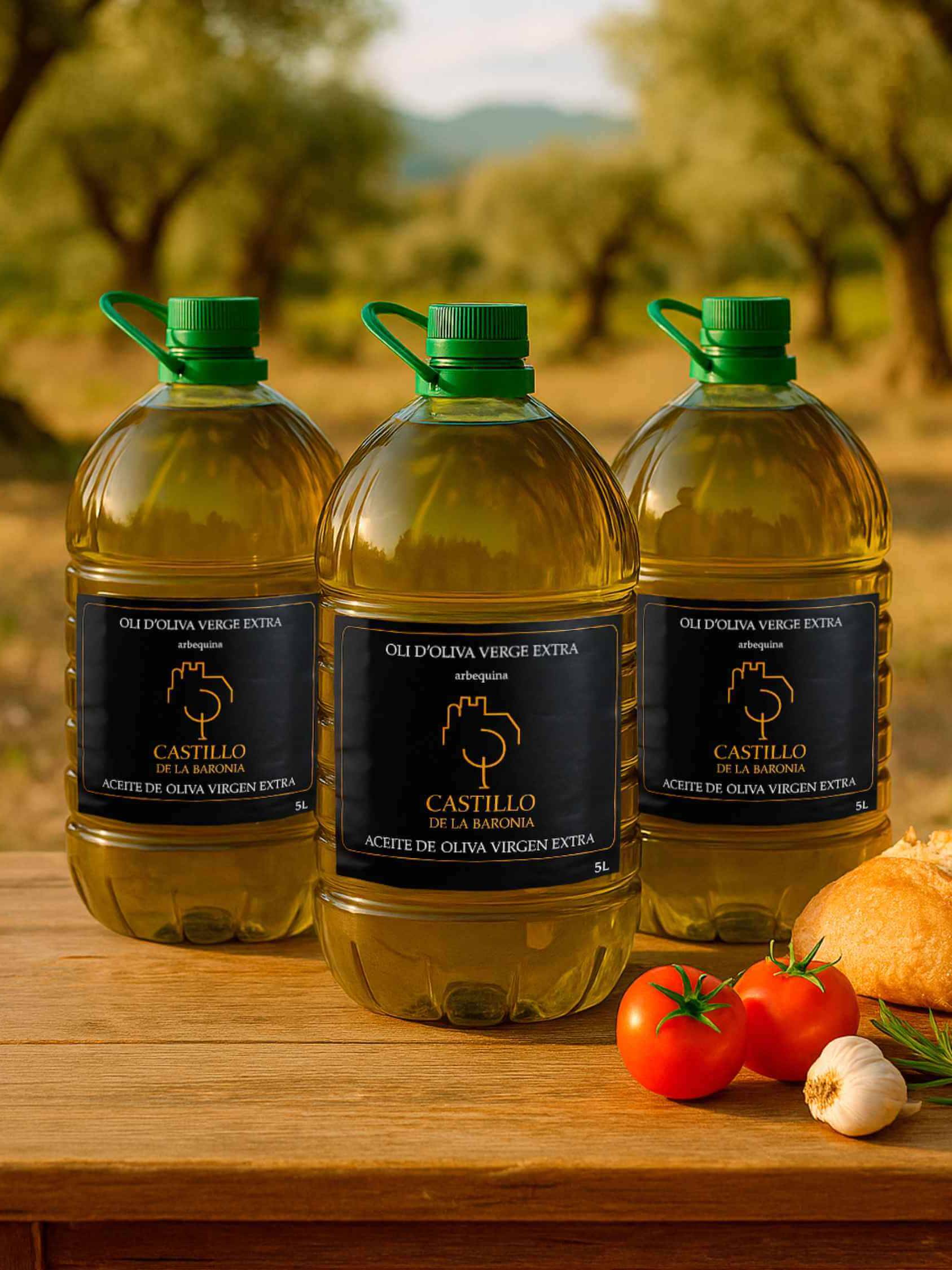 PACK DE 3 GARRAFAS DE 5 LITROS ACEITE DE OLIVA VIRGEN EXTRA ARBEQUINA CASTILLO DE LA BARONIA