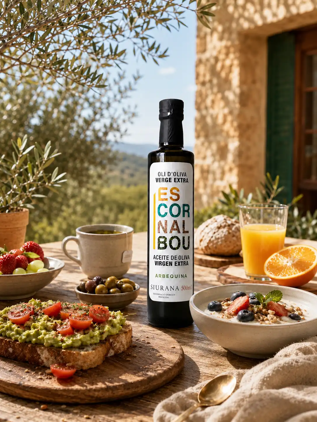 AOVE Arbequina Escornalbou Gourmet desayuno mediterráneo saludable