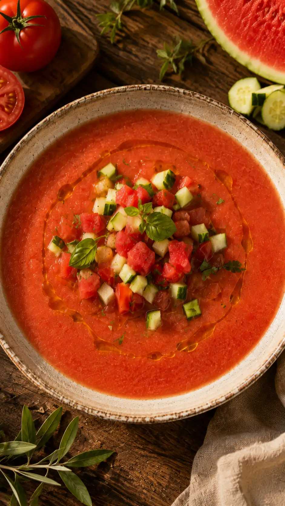 Gazpacho de sandía, tomate y pepino con AOVE Escornalbou Arbequina - imagen destacada
