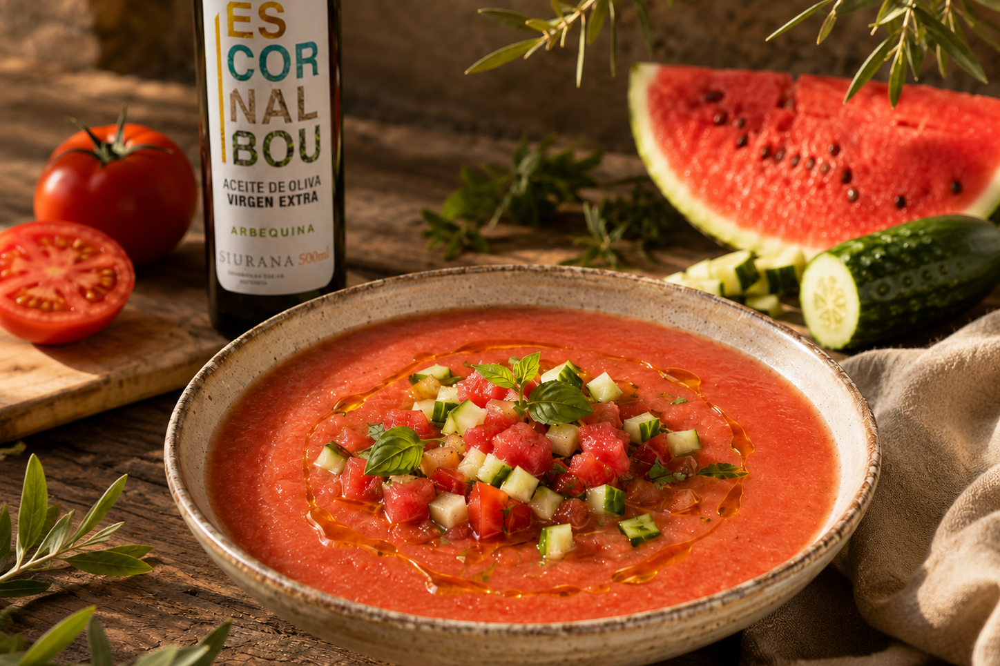 Gazpacho de sandía, tomate y pepino con AOVE Escornalbou Arbequina - imagen principal