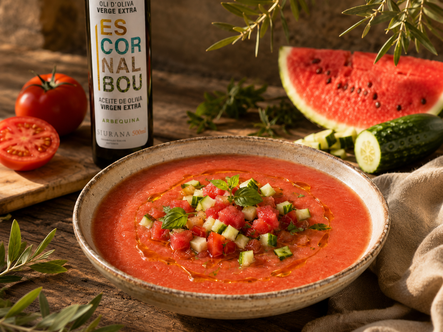 Gazpacho de sandía, tomate y pepino con AOVE Escornalbou Arbequina - imagen principal