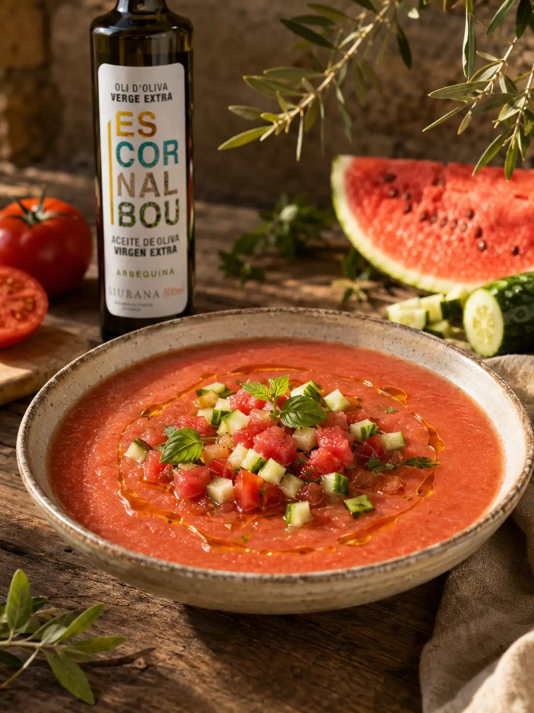 Gazpacho de sandía, tomate y pepino con AOVE Escornalbou Arbequina