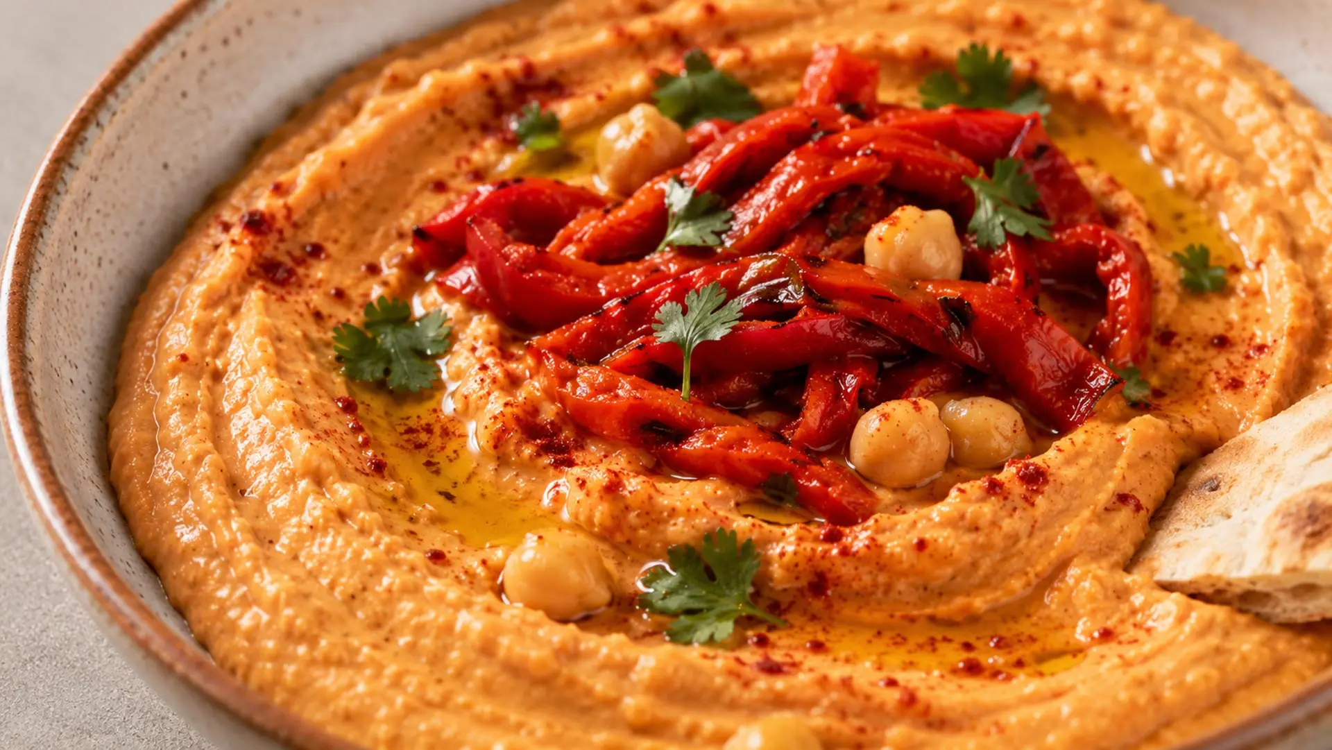 Primer plano de hummus de pimiento asado con AOVE Arbequina, garbanzos y pimiento rojo