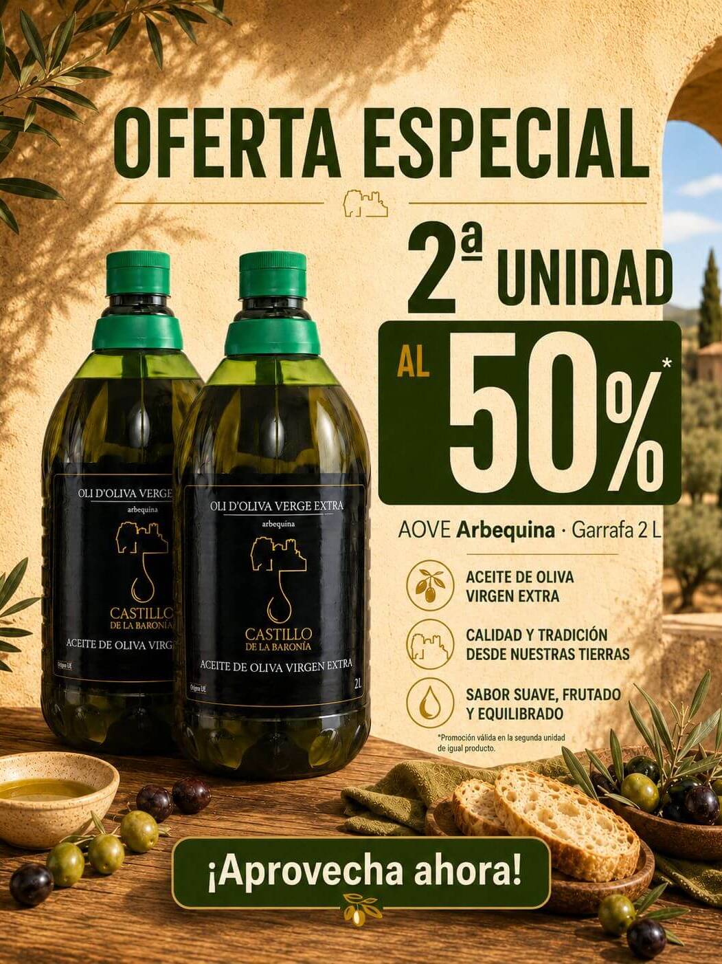 OFERTA - 2ª unidad 50% descuento - 2L Aceite De Oliva Virgen Extra Arbequina | Castillo De La Baronía